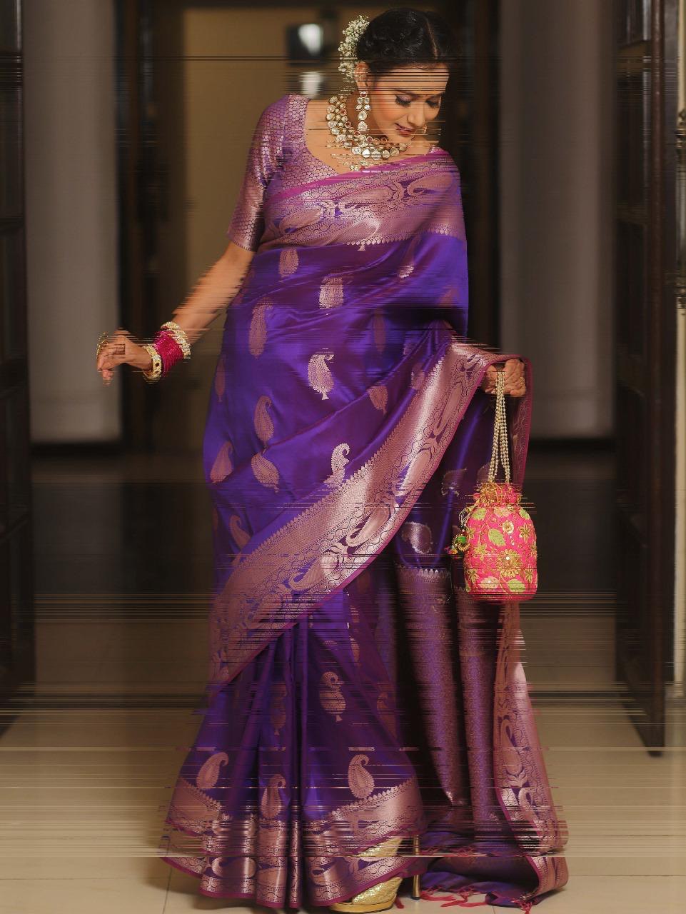 Purple Kanjivaram Silk Saree with Gold Paisley Zari Border