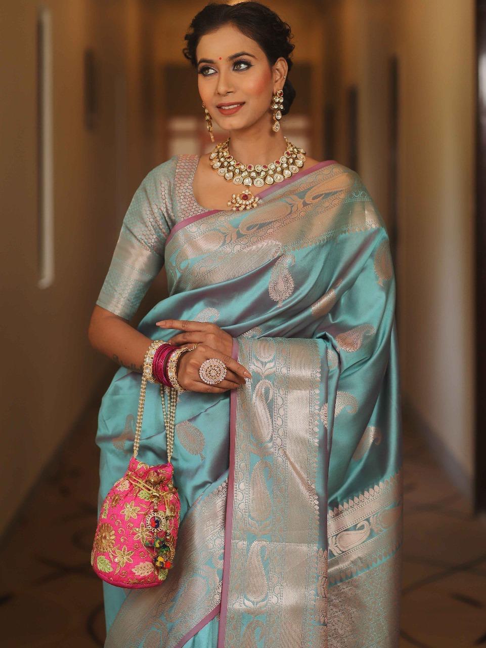 Kanjivaram Silk Saree with Gold Paisley Zari Border