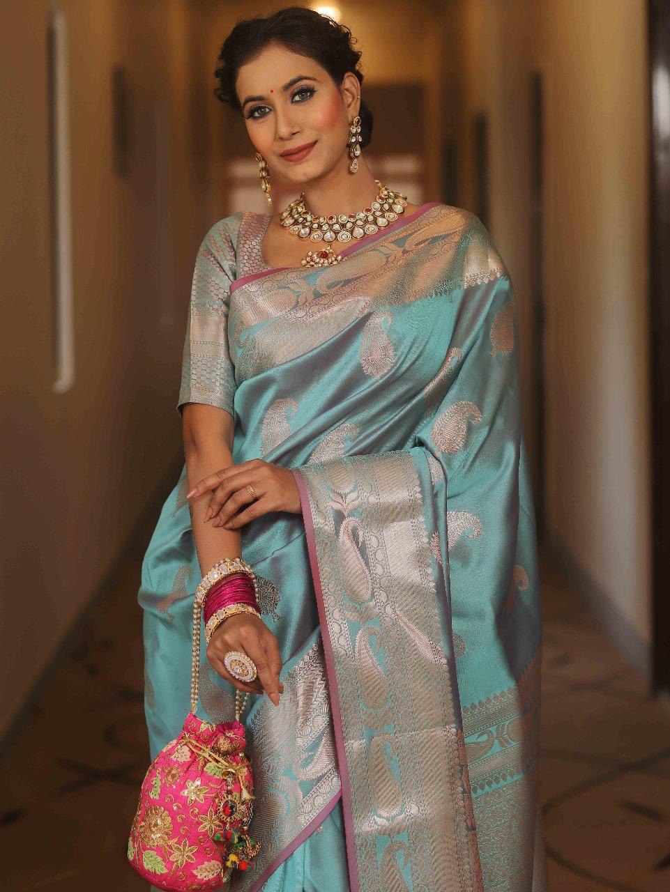 Kanjivaram Silk Saree with Gold Paisley Zari Border