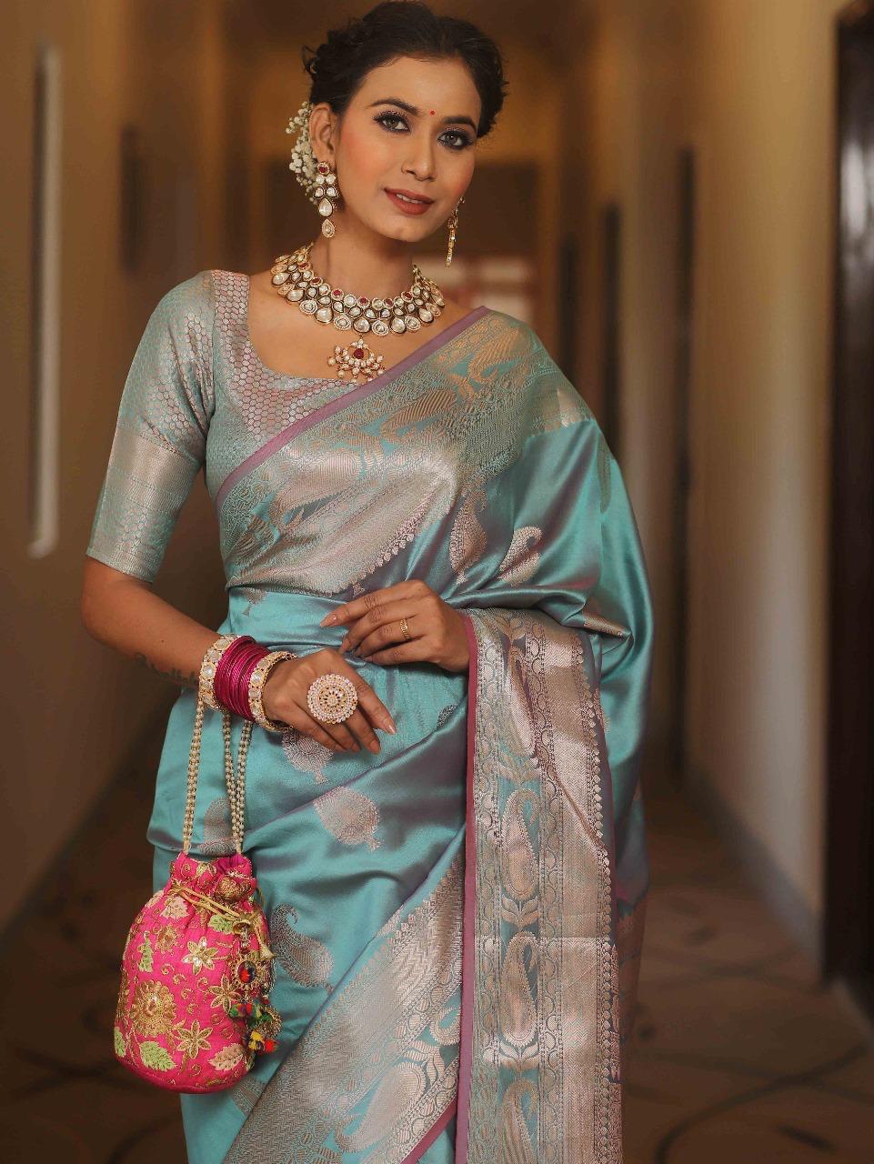 Kanjivaram Silk Saree with Gold Paisley Zari Border