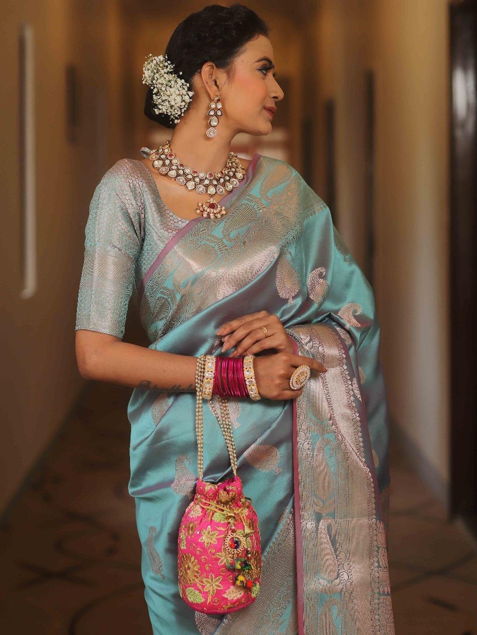 Kanjivaram Silk Saree with Gold Paisley Zari Border
