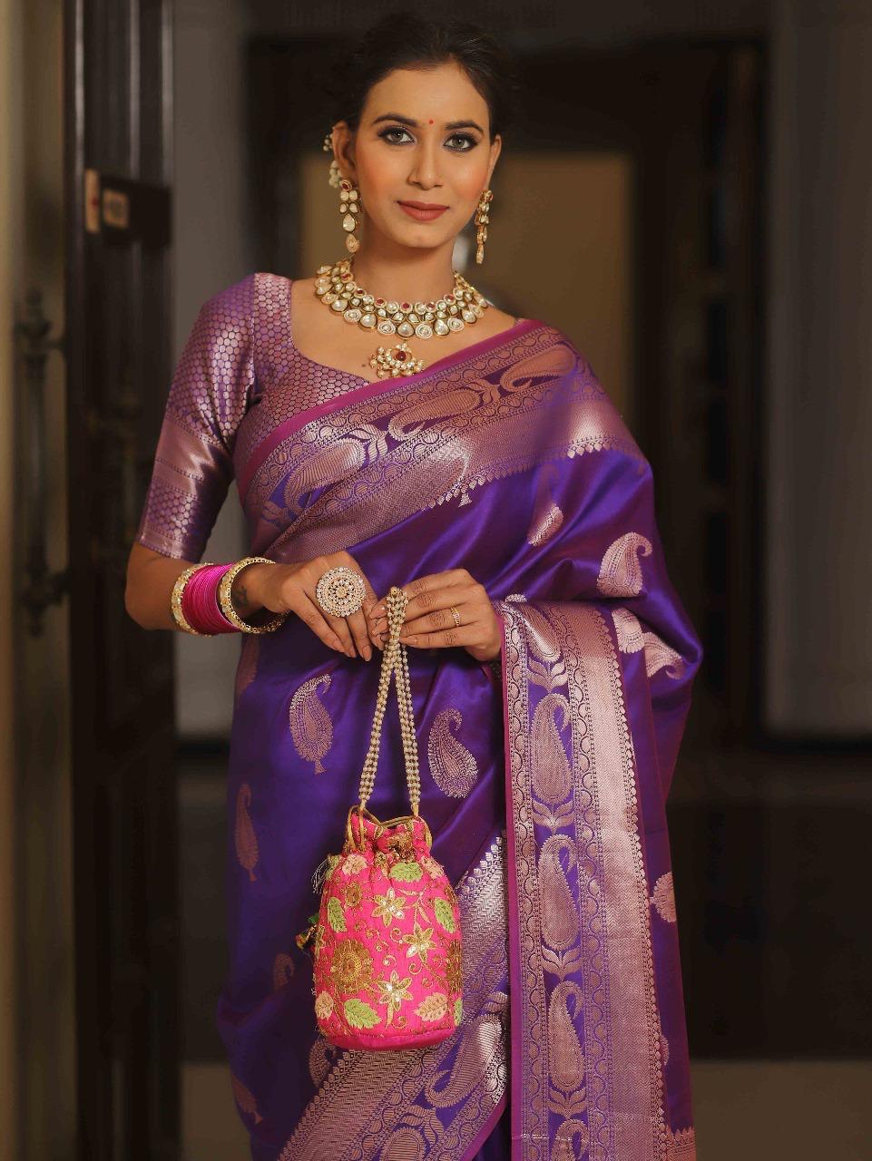 Purple Kanjivaram Silk Saree with Gold Paisley Zari Border