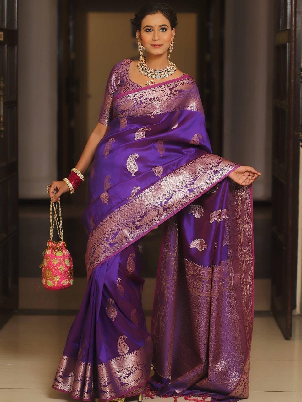 Purple Kanjivaram Silk Saree with Gold Paisley Zari Border