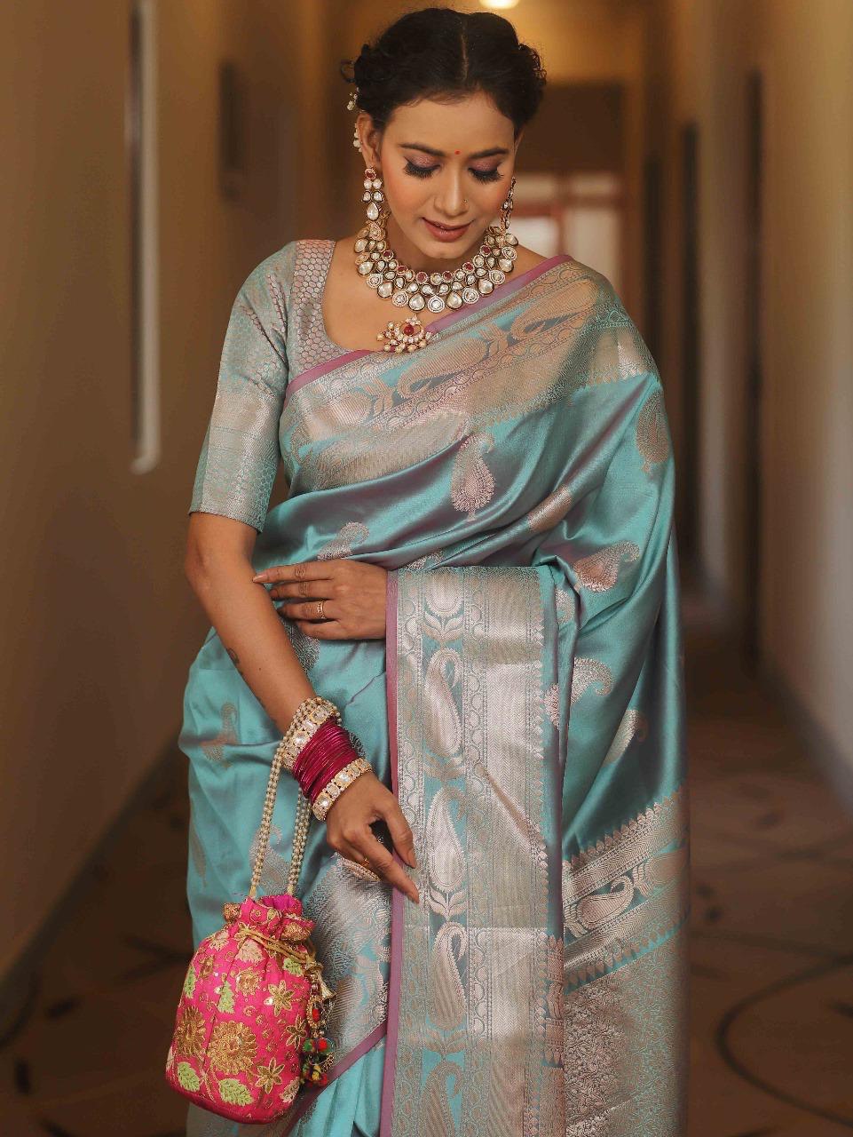 Kanjivaram Silk Saree with Gold Paisley Zari Border
