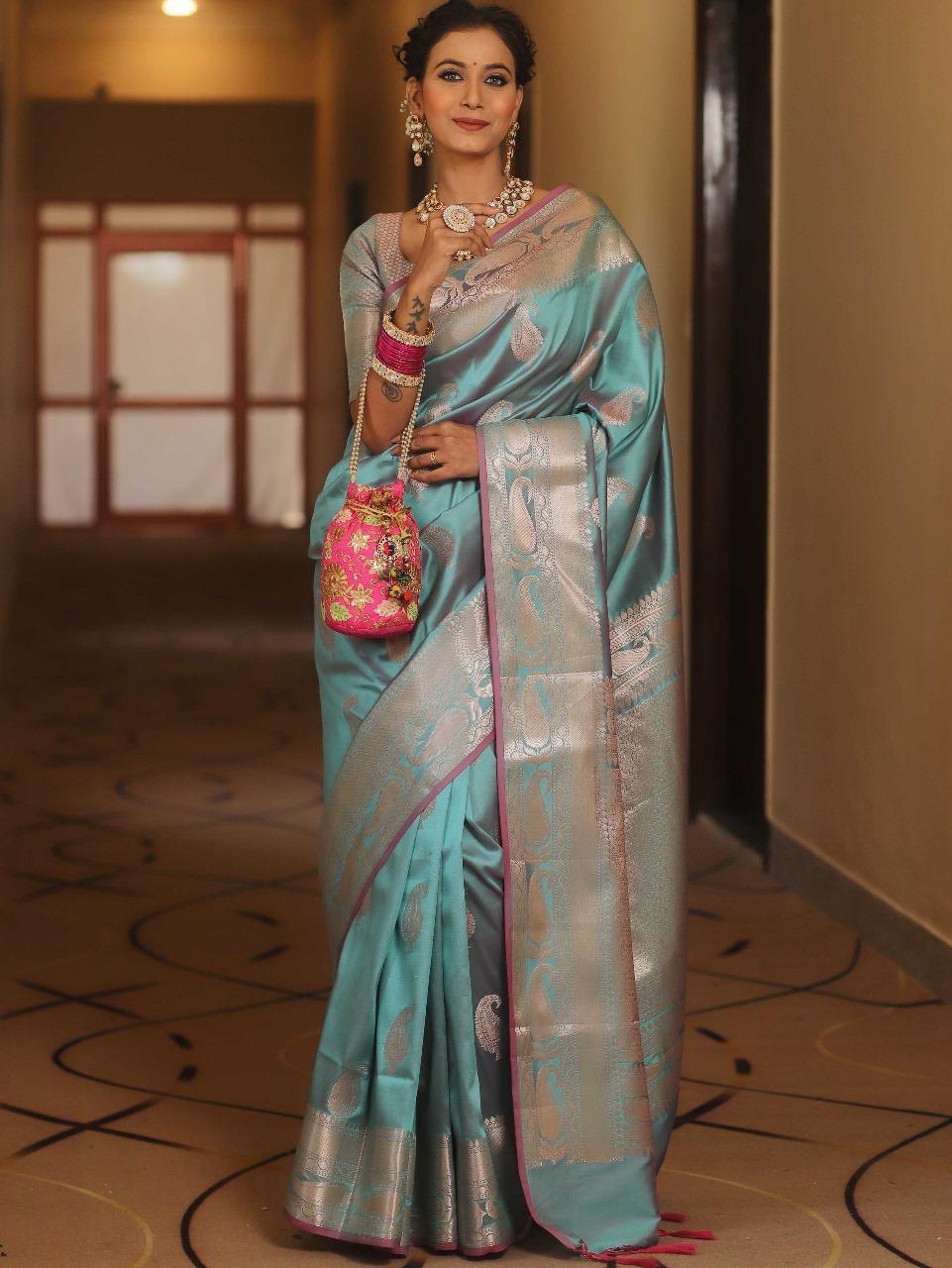 Kanjivaram Silk Saree with Gold Paisley Zari Border