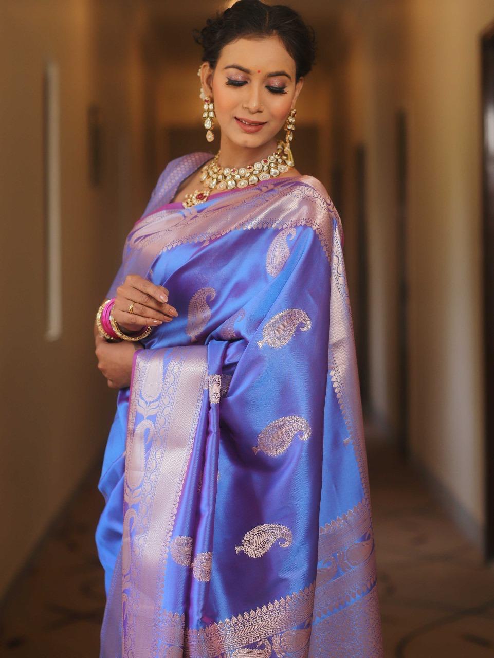 Blue Kanjivaram Silk Saree with Gold Paisley Zari Border