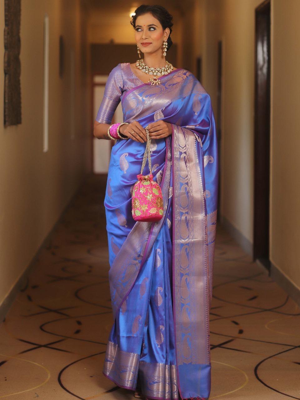 Blue Kanjivaram Silk Saree with Gold Paisley Zari Border