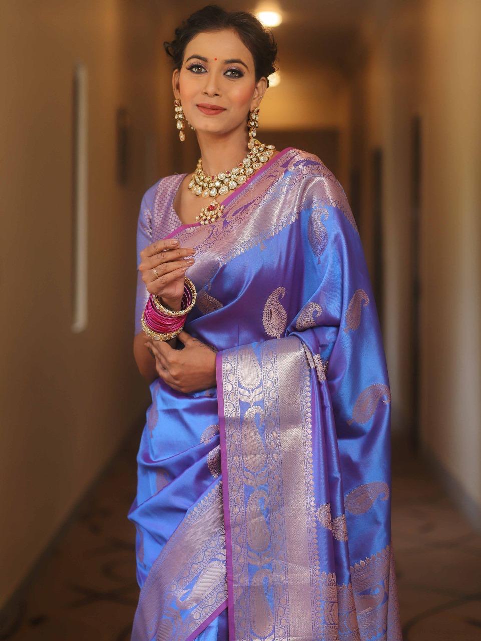 Blue Kanjivaram Silk Saree with Gold Paisley Zari Border