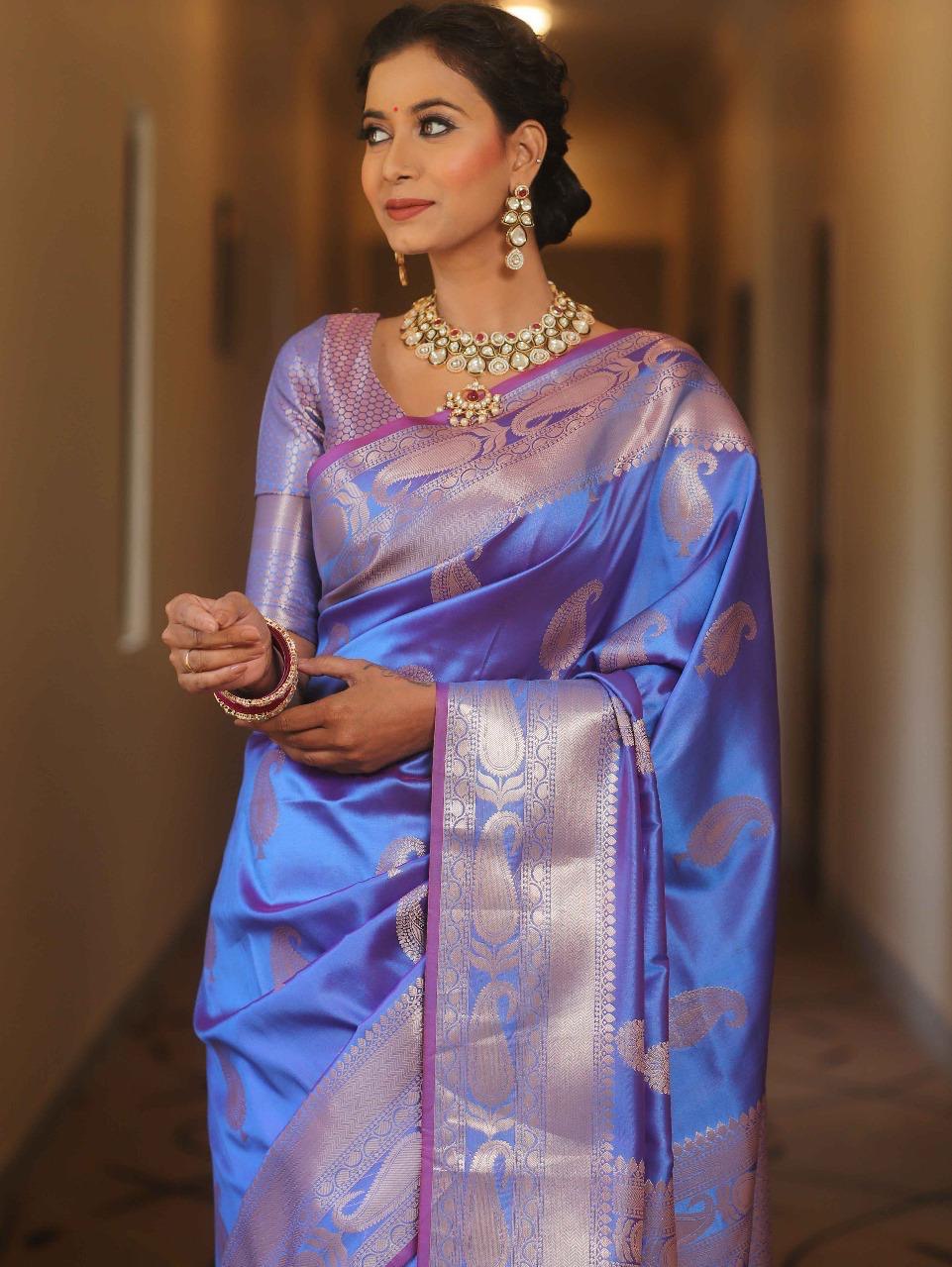 Blue Kanjivaram Silk Saree with Gold Paisley Zari Border