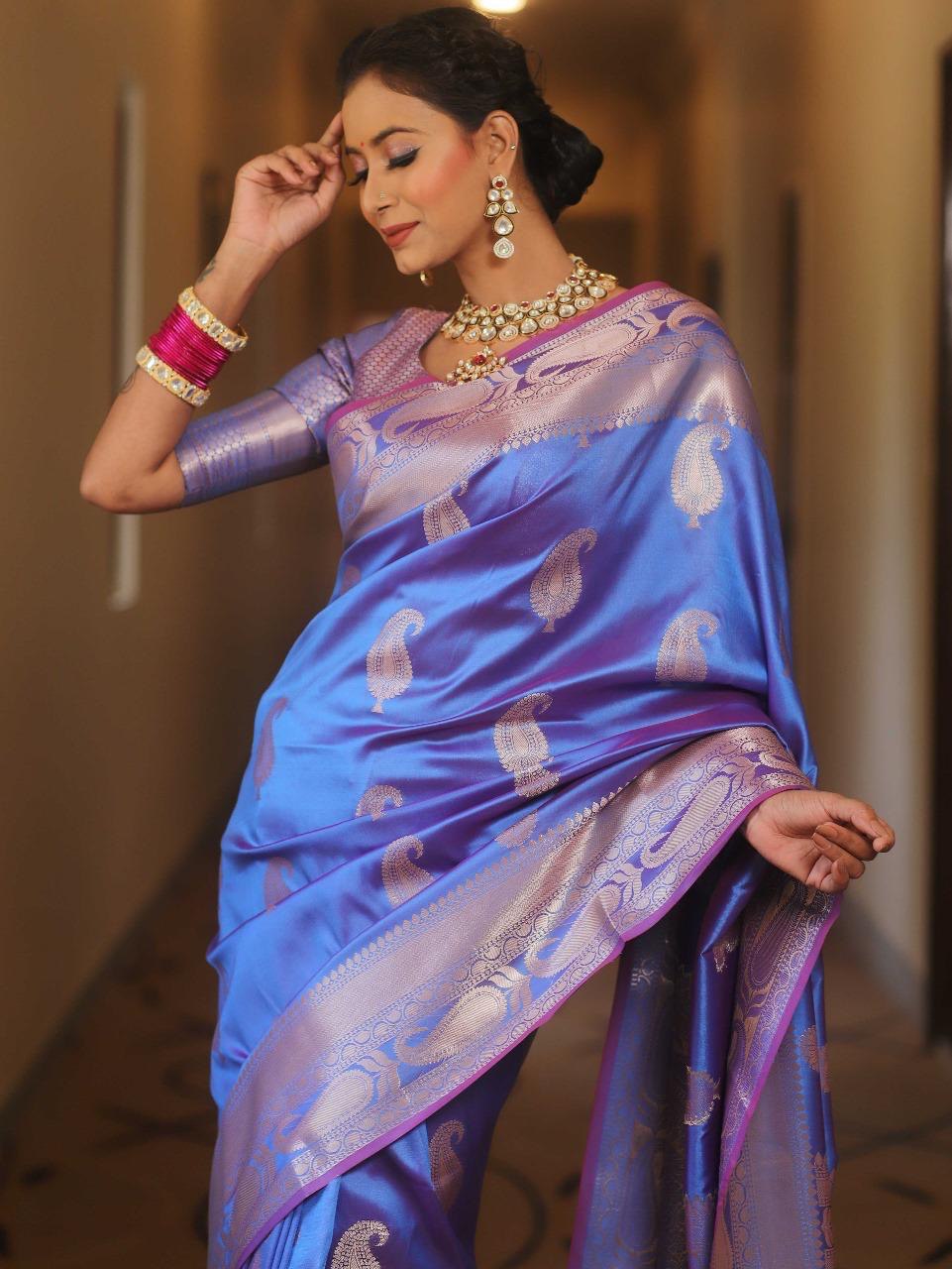 Blue Kanjivaram Silk Saree with Gold Paisley Zari Border
