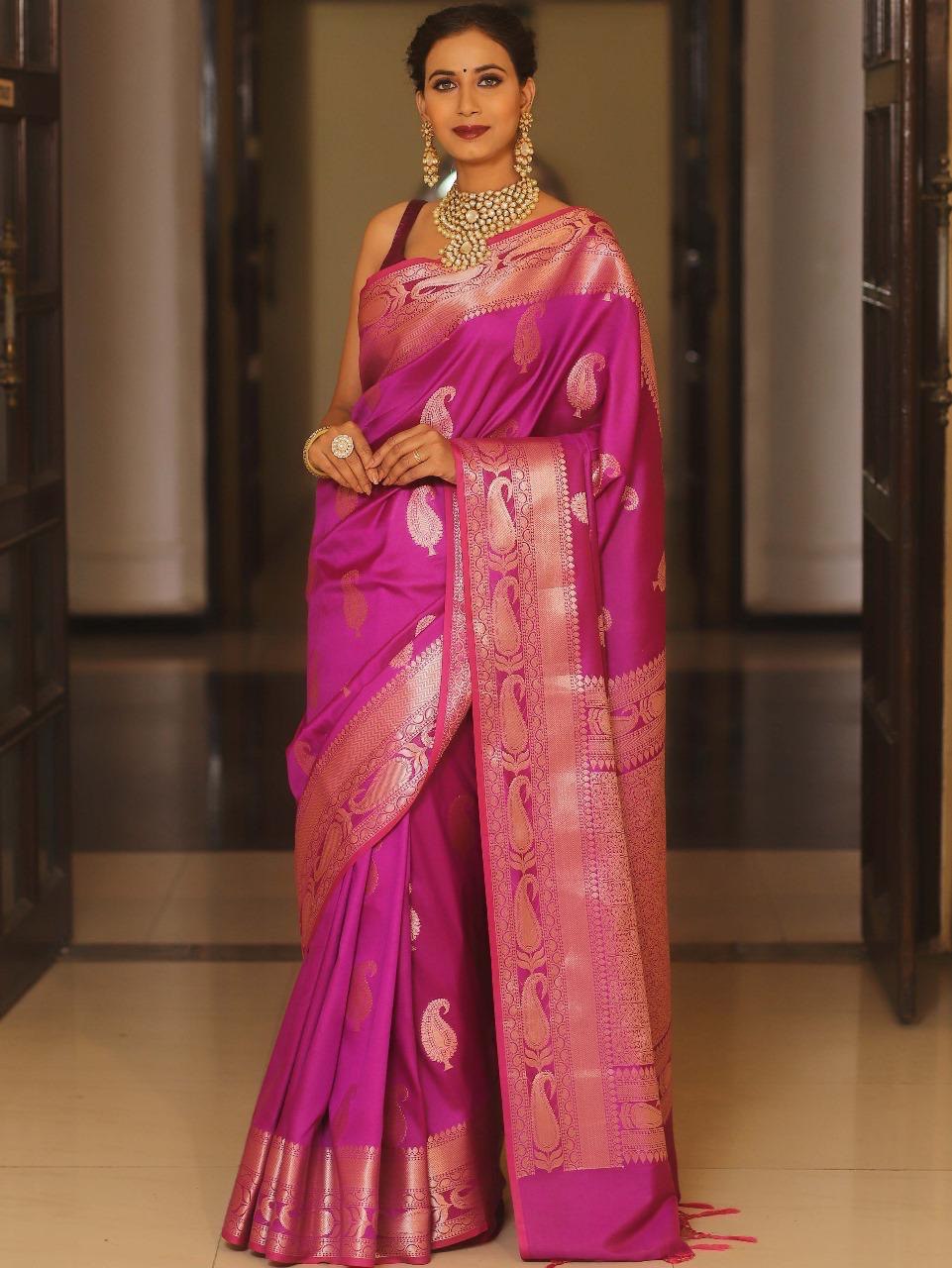 Pink Kanjivaram Silk Saree with Gold Paisley Zari Border