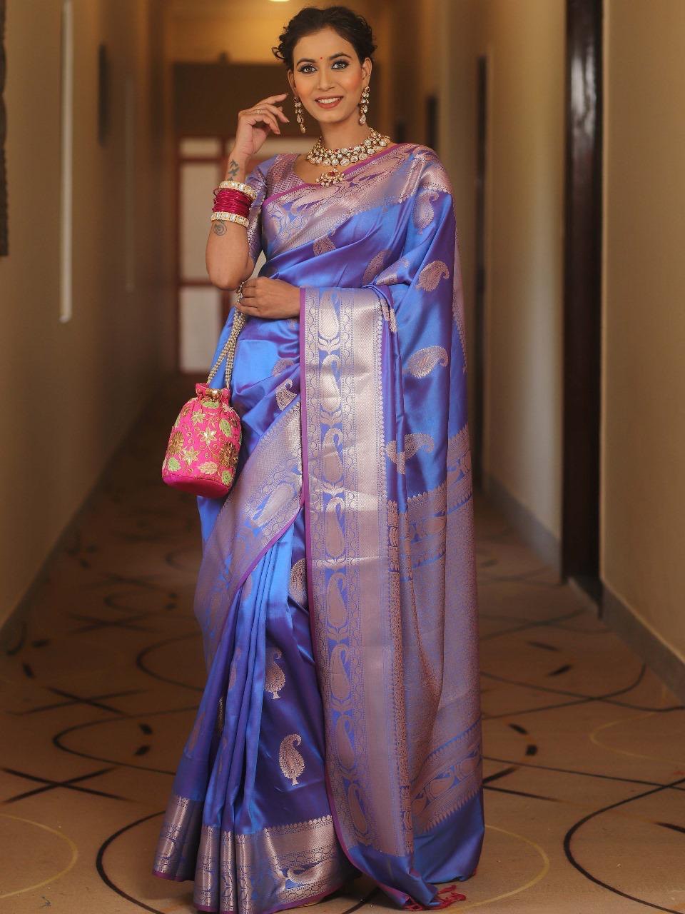Blue Kanjivaram Silk Saree with Gold Paisley Zari Border