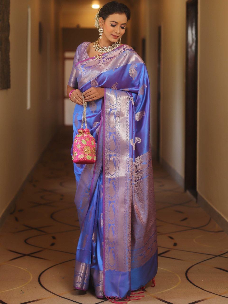 Blue Kanjivaram Silk Saree with Gold Paisley Zari Border