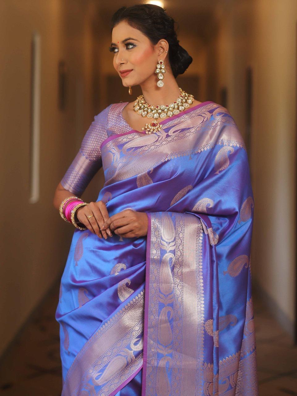 Blue Kanjivaram Silk Saree with Gold Paisley Zari Border