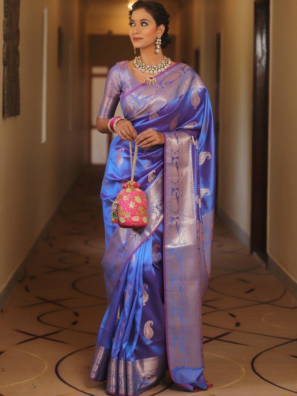 Blue Kanjivaram Silk Saree with Gold Paisley Zari Border