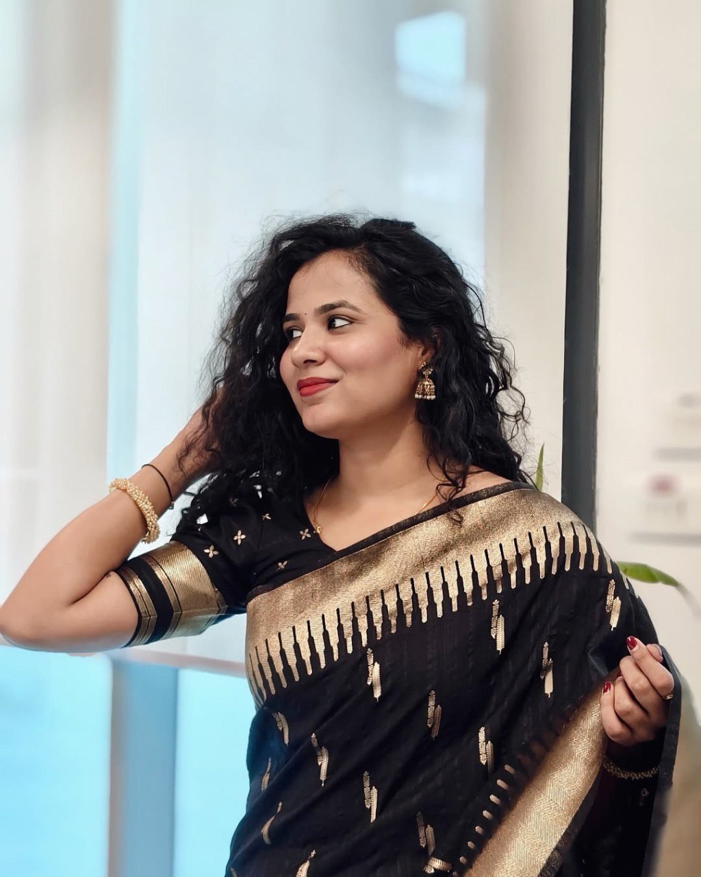 icultural - Black Cotton Silk Saree with Gold Butta Weave and Contrast Border