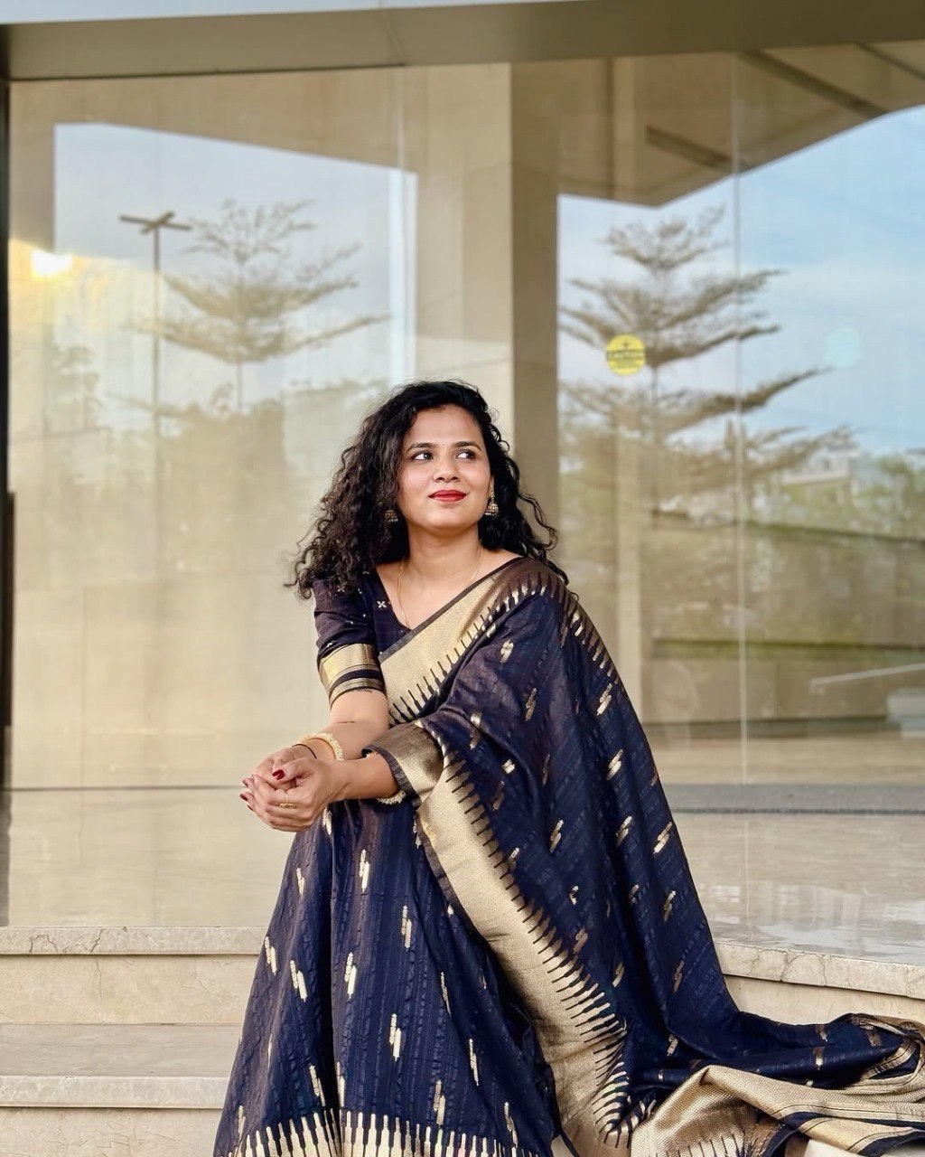 icultural - Black Cotton Silk Saree with Gold Butta Weave and Contrast Border