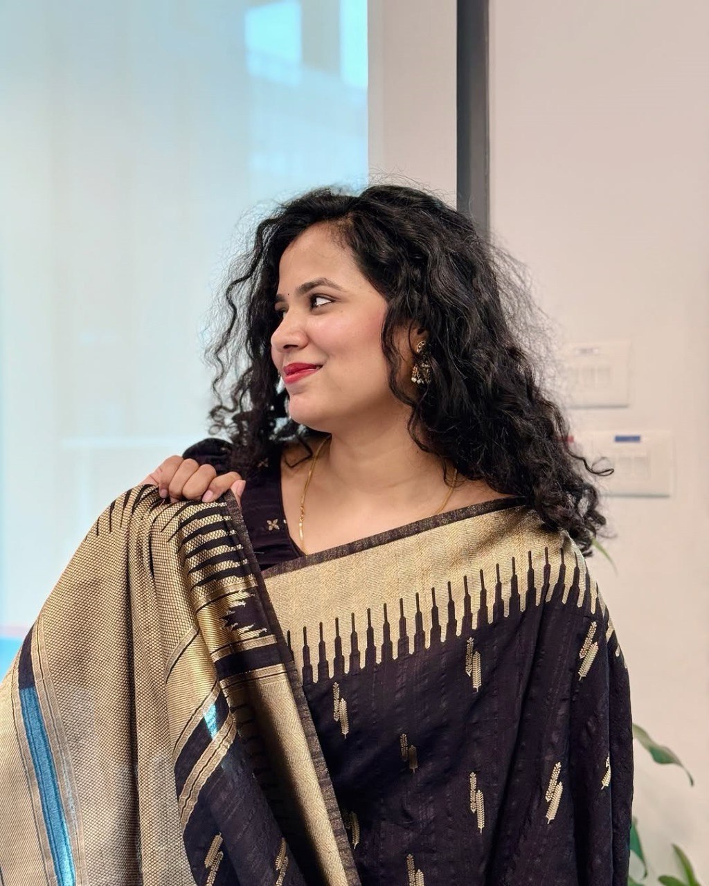 icultural - Black Cotton Silk Saree with Gold Butta Weave and Contrast Border