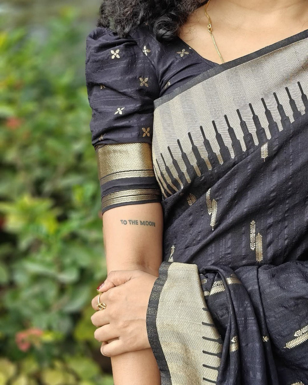 icultural - Black Cotton Silk Saree with Gold Butta Weave and Contrast Border