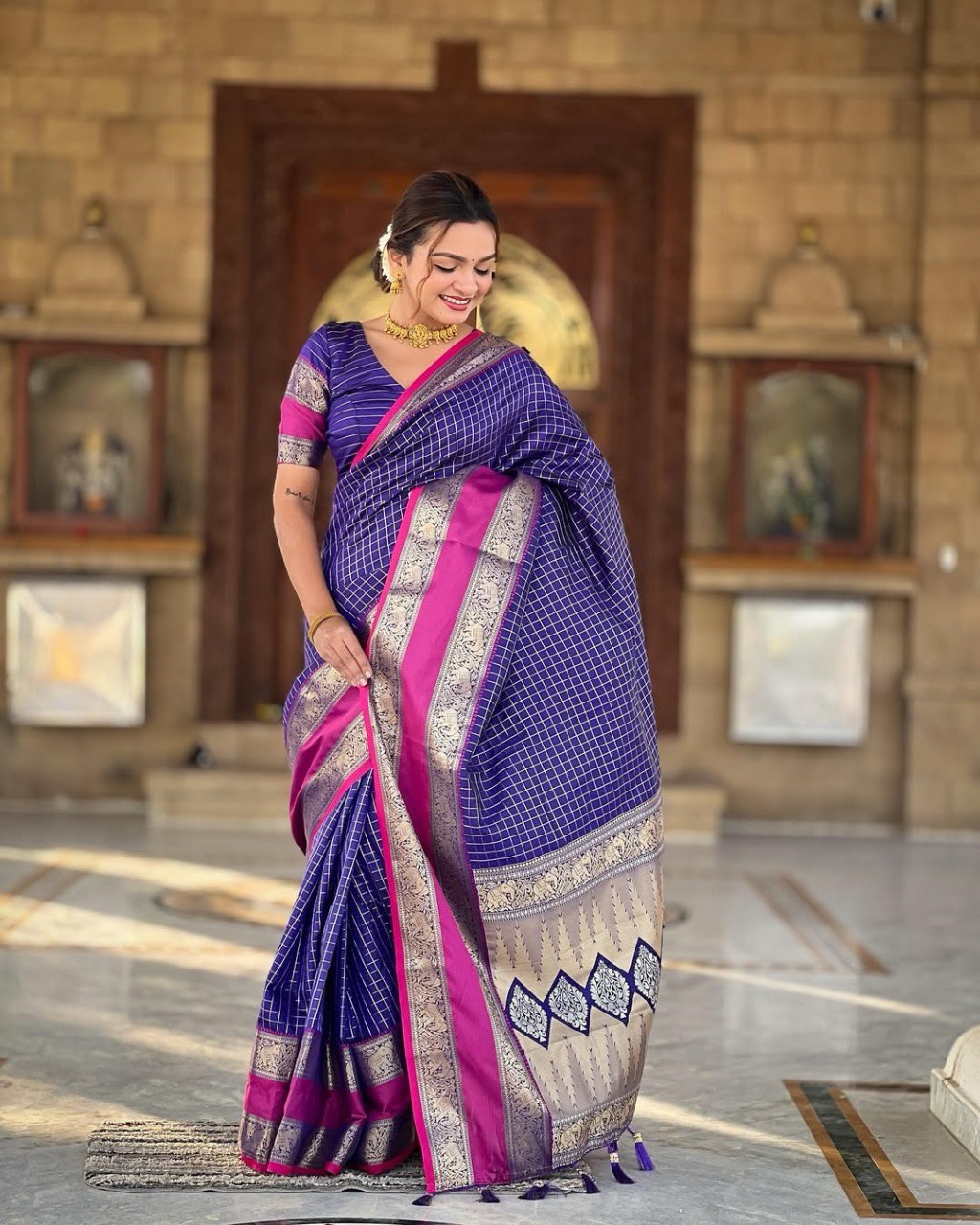 icultural - Purple Kanjivaram Silk Saree with Silver Zari Checked Pattern