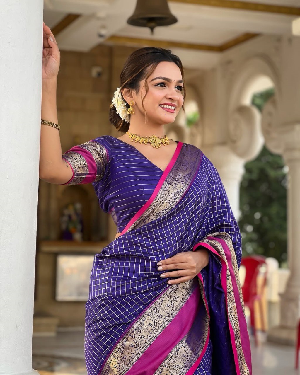 icultural - Purple Kanjivaram Silk Saree with Silver Zari Checked Pattern