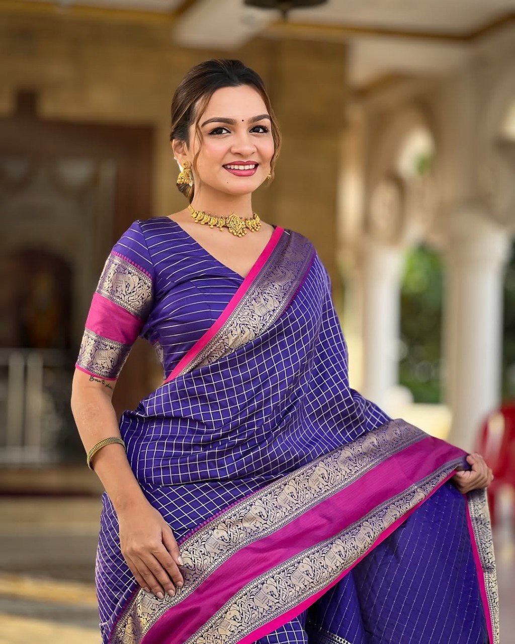 icultural - Purple Kanjivaram Silk Saree with Silver Zari Checked Pattern
