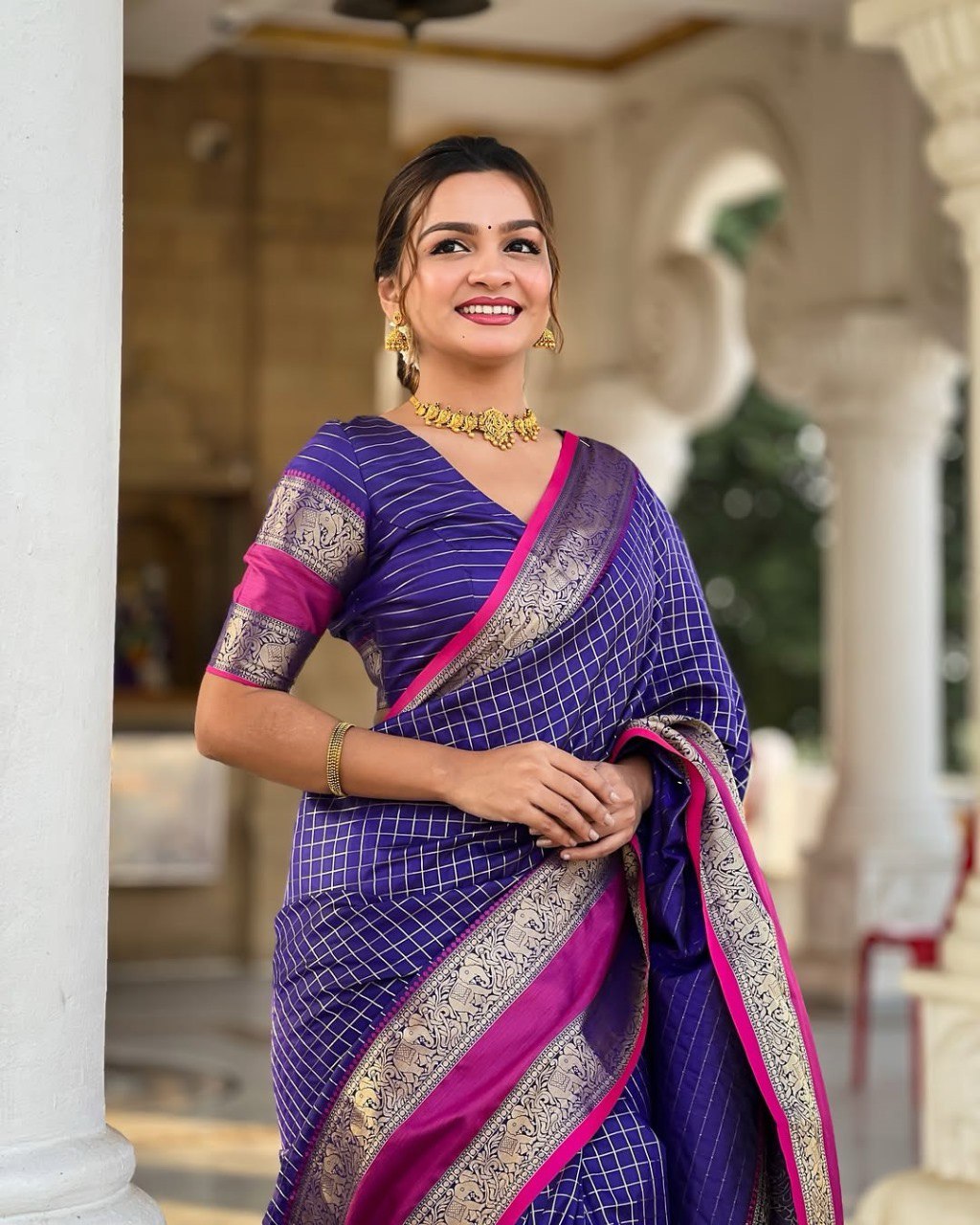 icultural - Purple Kanjivaram Silk Saree with Silver Zari Checked Pattern