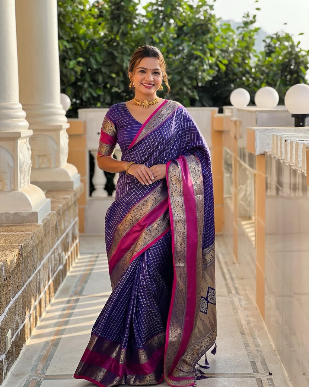 icultural - Purple Kanjivaram Silk Saree with Silver Zari Checked Pattern