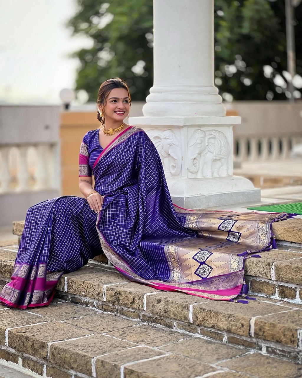 icultural - Purple Kanjivaram Silk Saree with Silver Zari Checked Pattern
