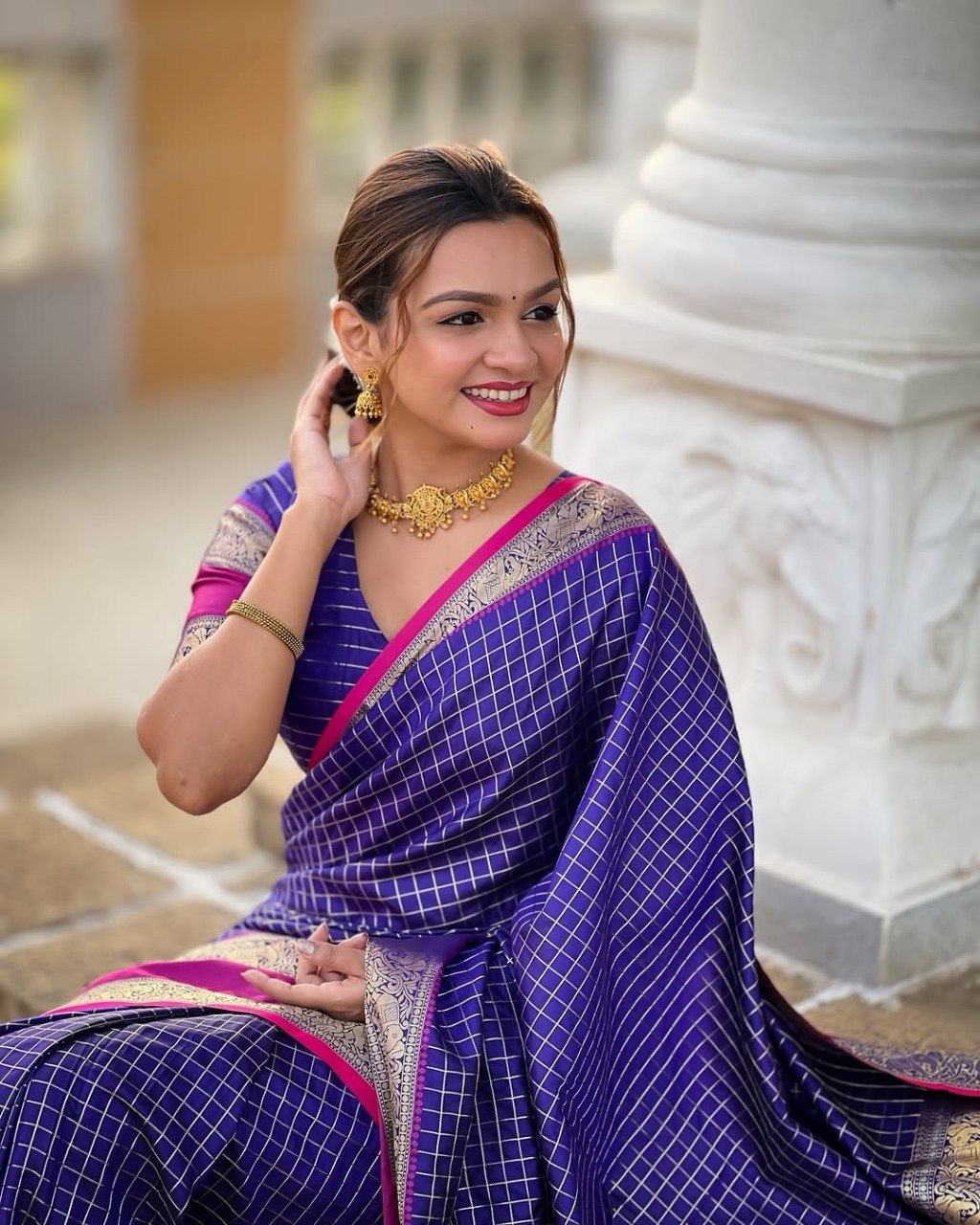 icultural - Purple Kanjivaram Silk Saree with Silver Zari Checked Pattern
