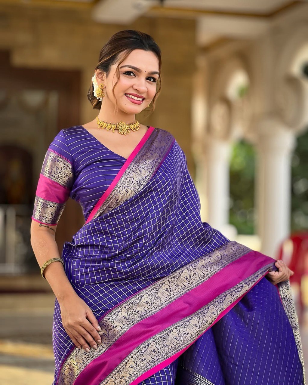 icultural - Purple Kanjivaram Silk Saree with Silver Zari Checked Pattern