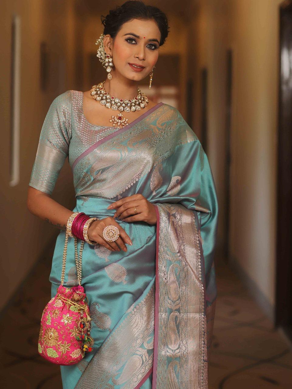 Sky Blue Banarasi Silk Saree with Golden Paisley Weaving