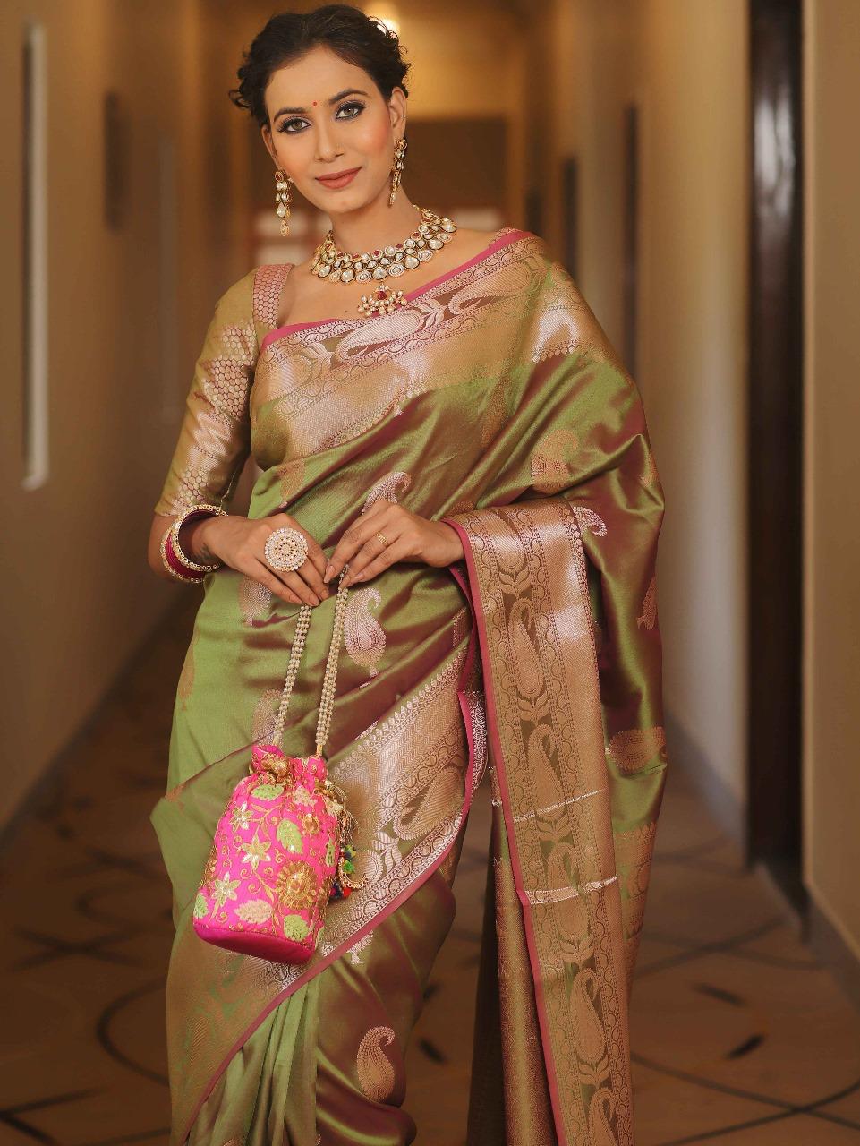 Green Banarasi Silk Saree with Golden Paisley Weaving