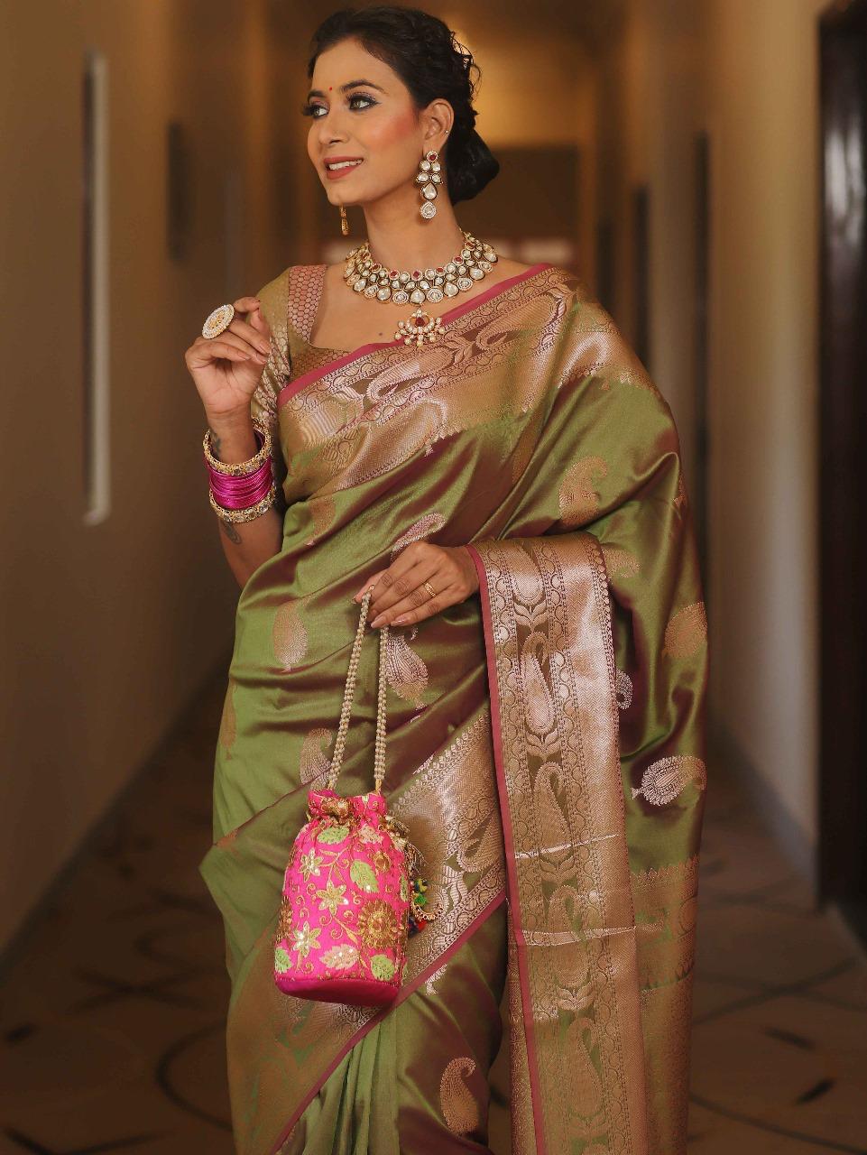 Green Banarasi Silk Saree with Golden Paisley Weaving