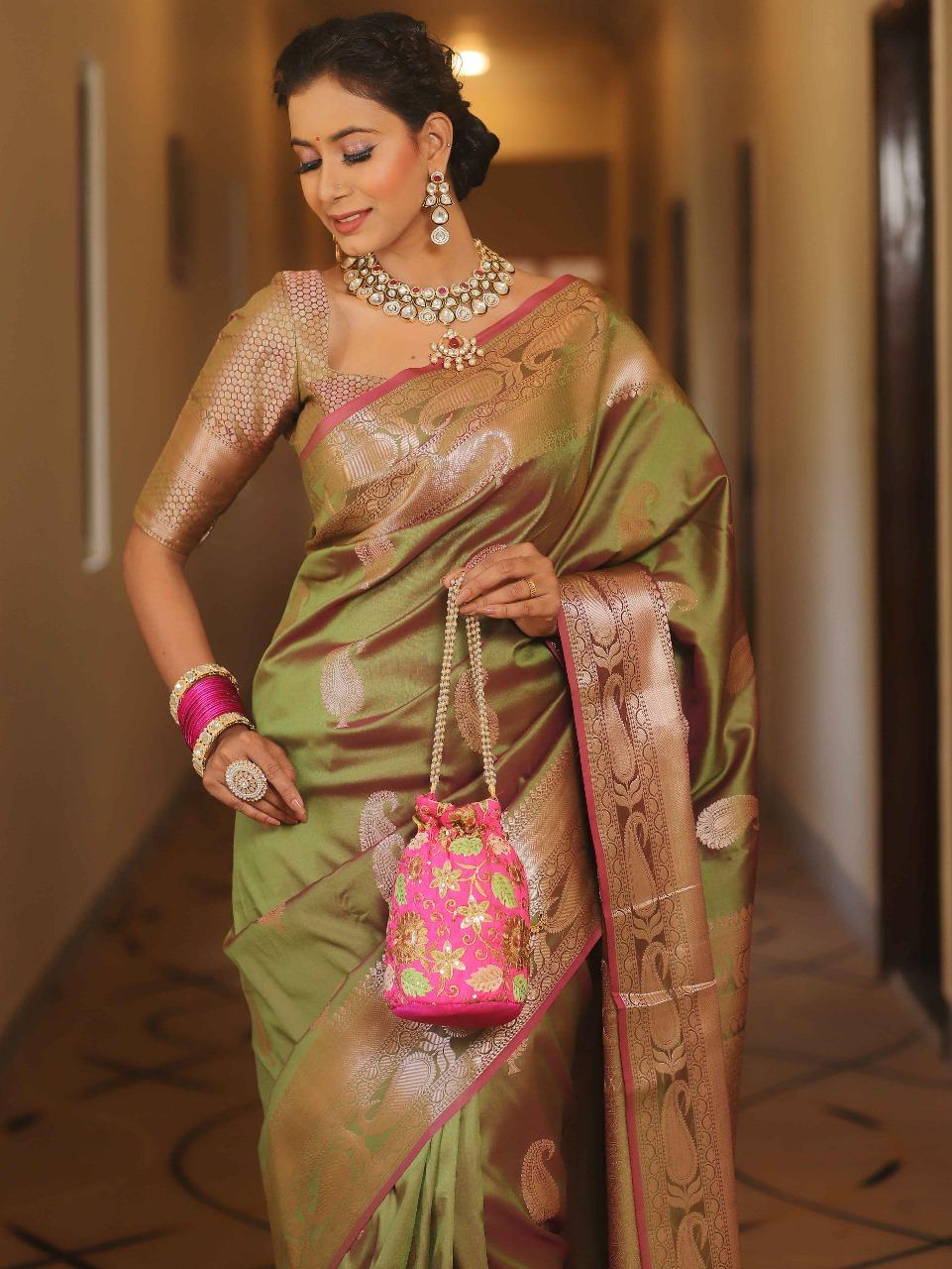 Green Banarasi Silk Saree with Golden Paisley Weaving