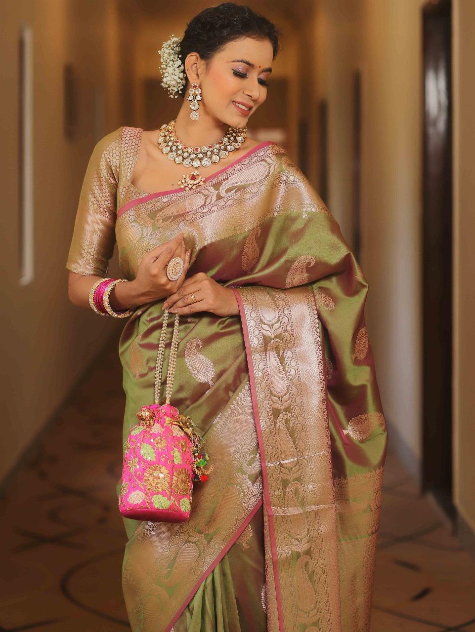 Green Banarasi Silk Saree with Golden Paisley Weaving