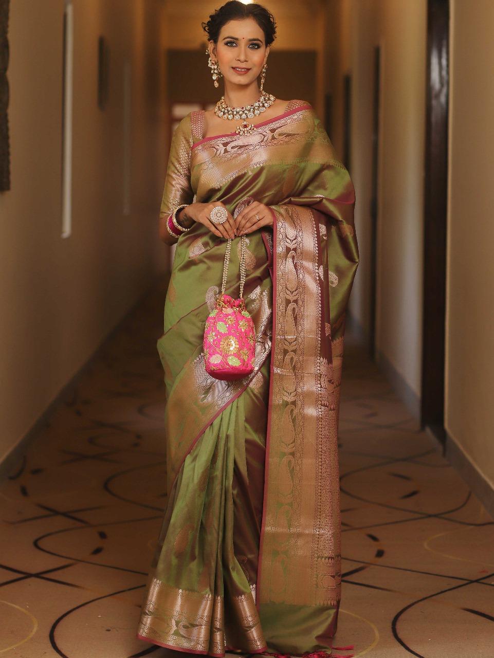 Green Banarasi Silk Saree with Golden Paisley Weaving