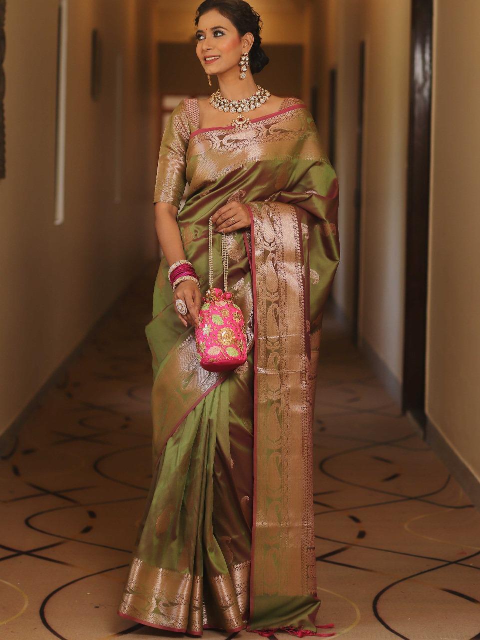 Green Banarasi Silk Saree with Golden Paisley Weaving