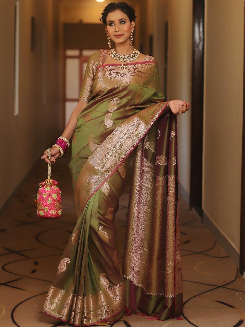Green Banarasi Silk Saree with Golden Paisley Weaving
