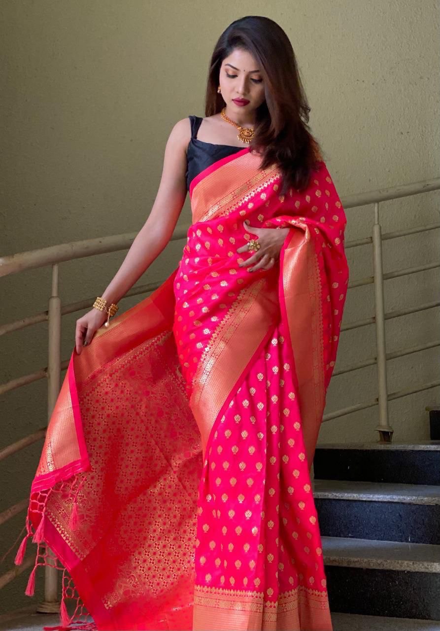 Rich Pink Pure Zari Golden Weaving Banarasi Slik by Icultuer