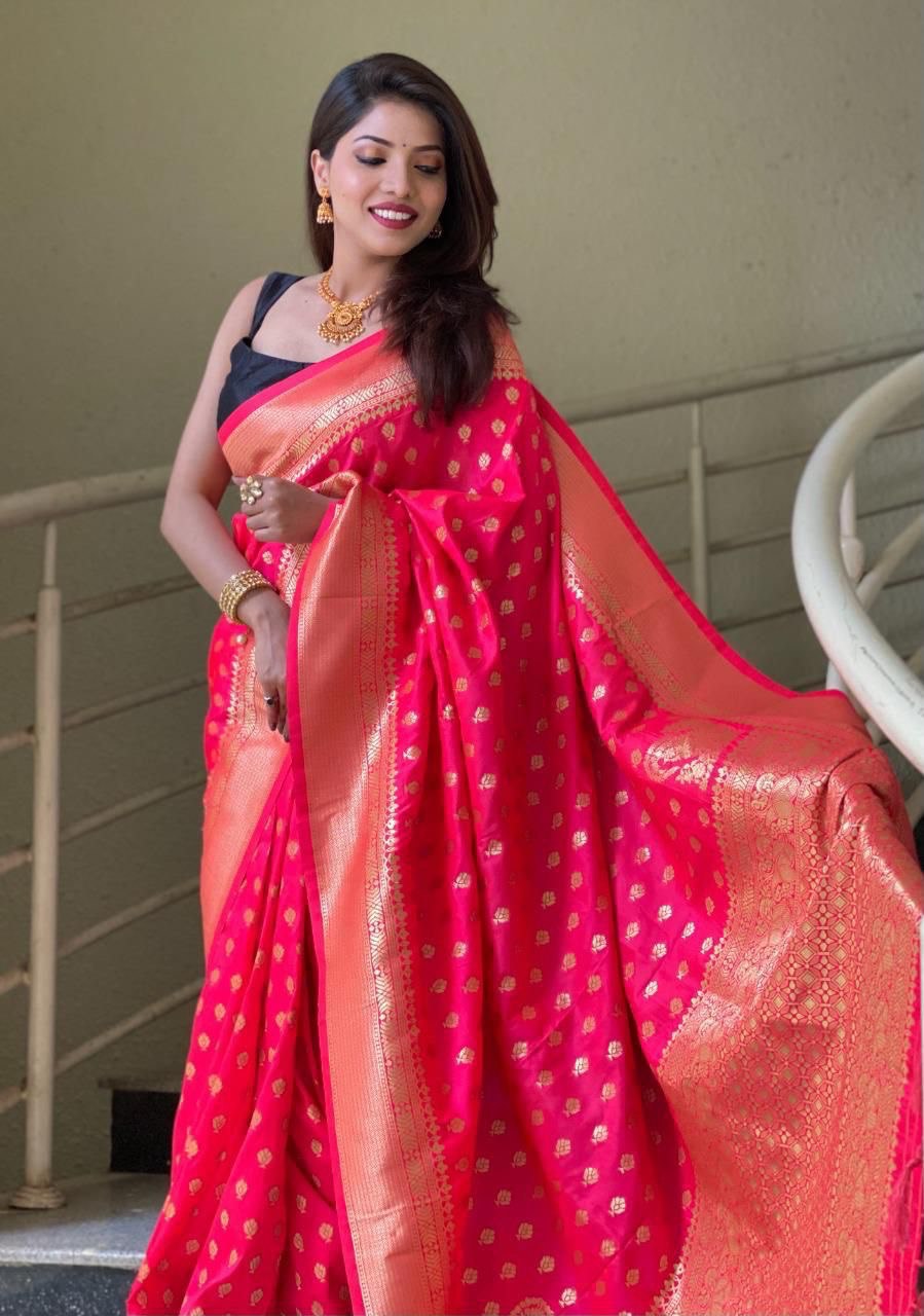 Rich Pink Pure Zari Golden Weaving Banarasi Slik by Icultuer