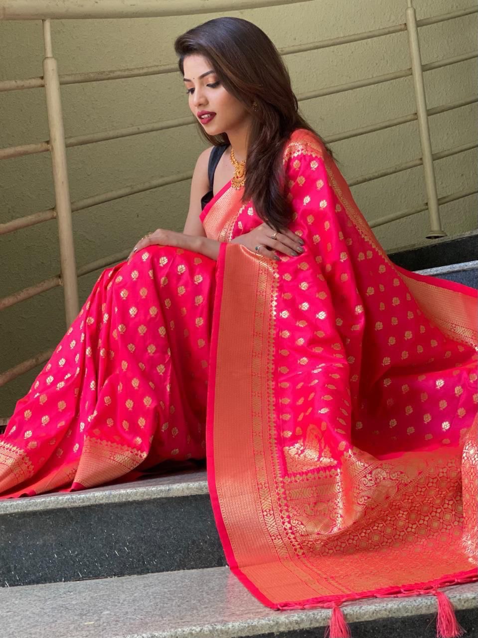 Rich Pink Pure Zari Golden Weaving Banarasi Slik by Icultuer