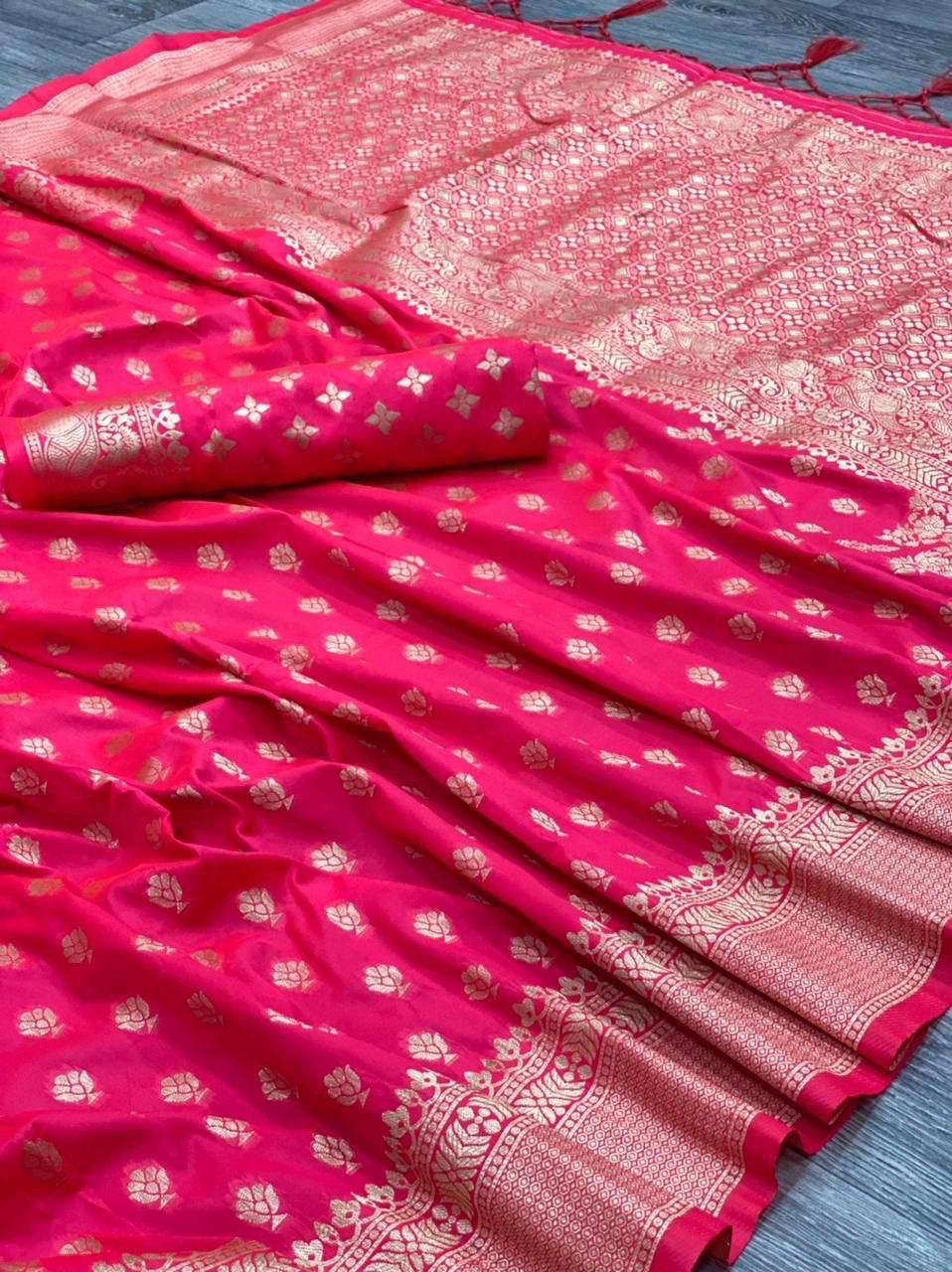 Rich Pink Pure Zari Golden Weaving Banarasi Slik by Icultuer