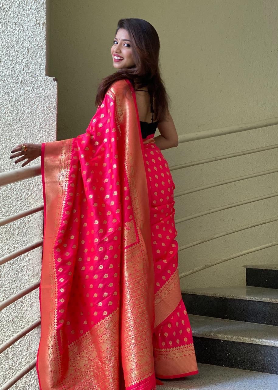 Rich Pink Pure Zari Golden Weaving Banarasi Slik by Icultuer