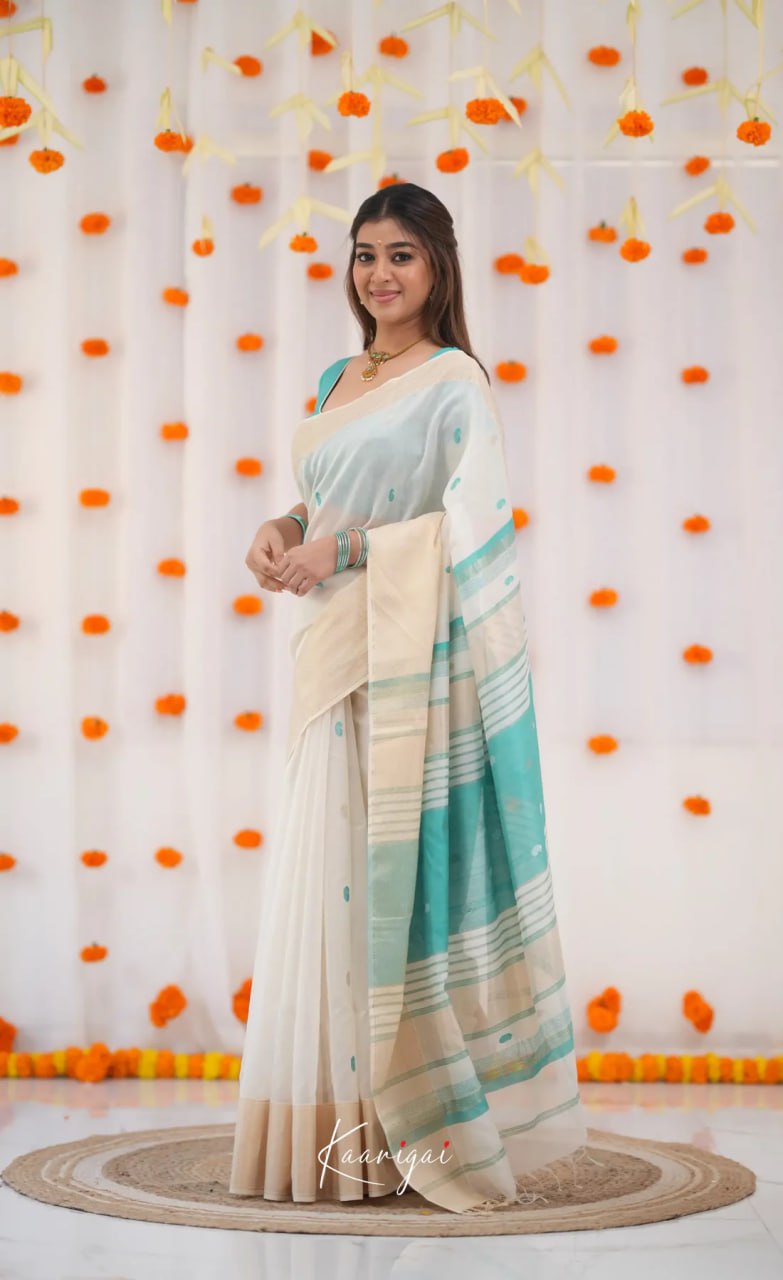 icultural White & Sea Green Handloom Style Cotton Saree with Contrast Border