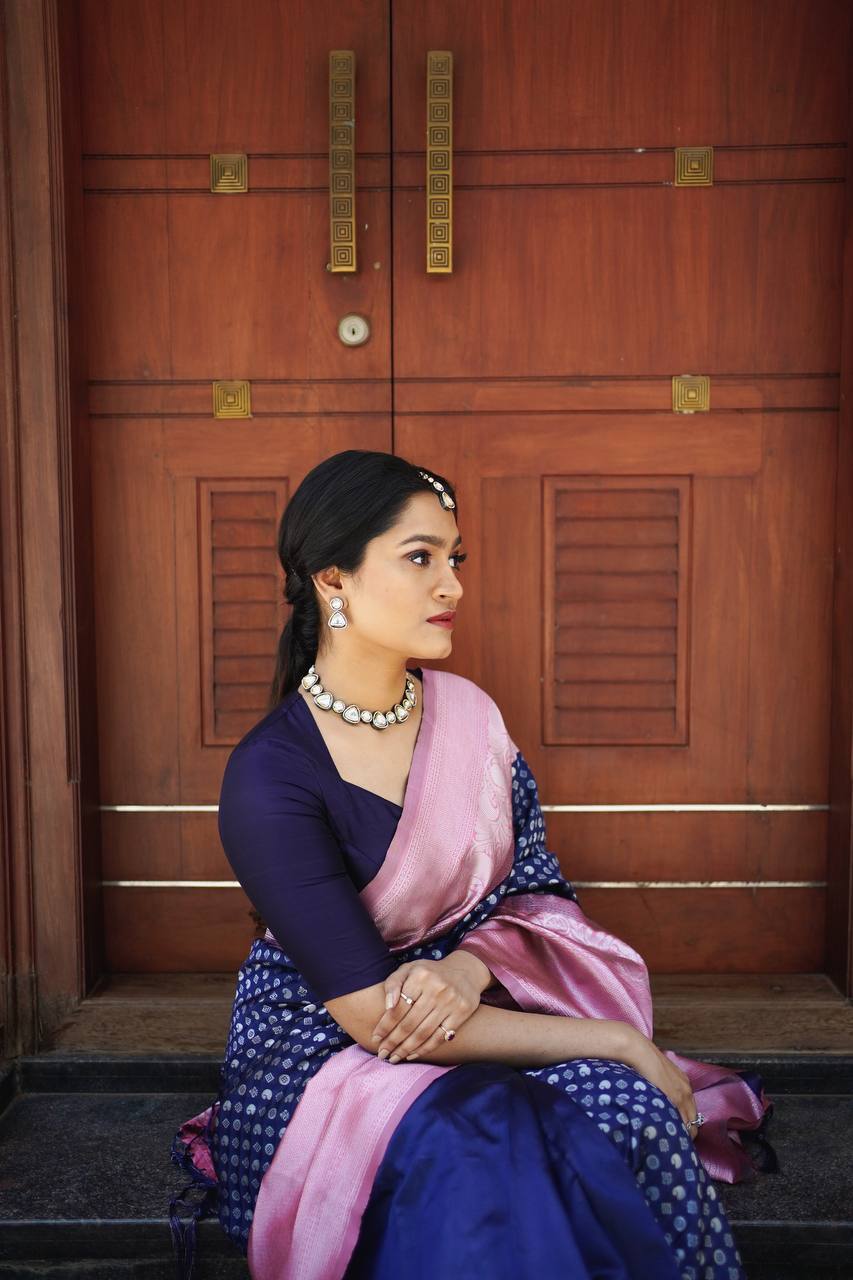 Navy Blue and Baby Pink Banarasi Silk Saree with Woven Motifs