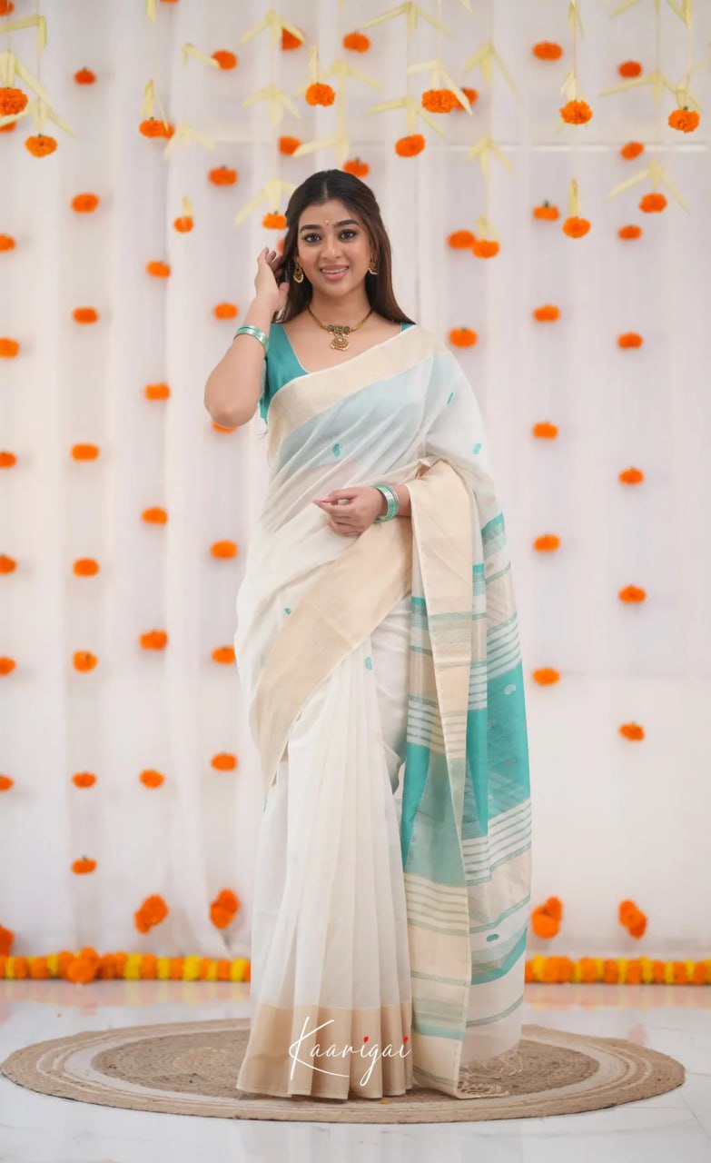 icultural White & Sea Green Handloom Style Cotton Saree with Contrast Border