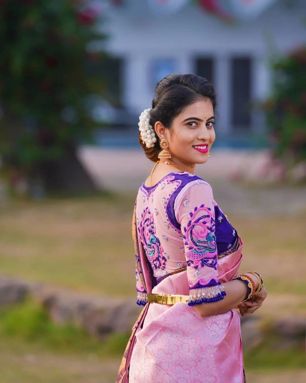 Pink Soft Banarasi Silk Saree with Jacquard Work and Contrast Embroidered Blouse