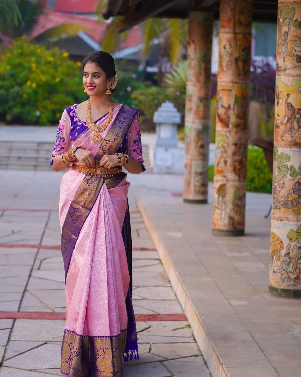 Pink Soft Banarasi Silk Saree with Jacquard Work and Contrast Embroidered Blouse