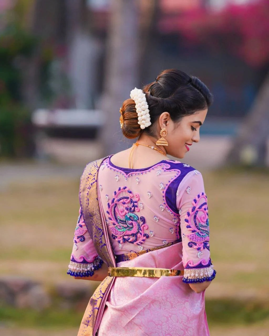 Pink Soft Banarasi Silk Saree with Jacquard Work and Contrast Embroidered Blouse